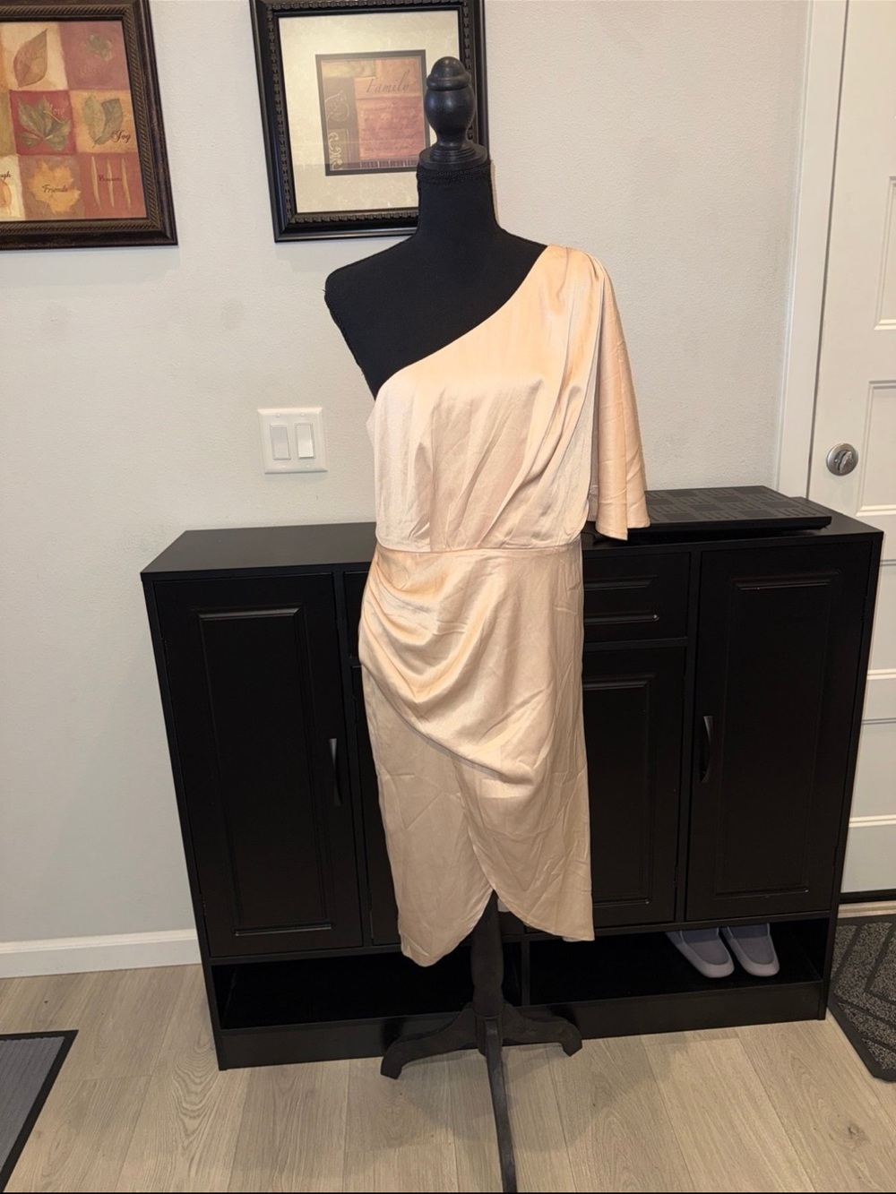 One-Shoulder Ruched Cocktail Dress in Beige